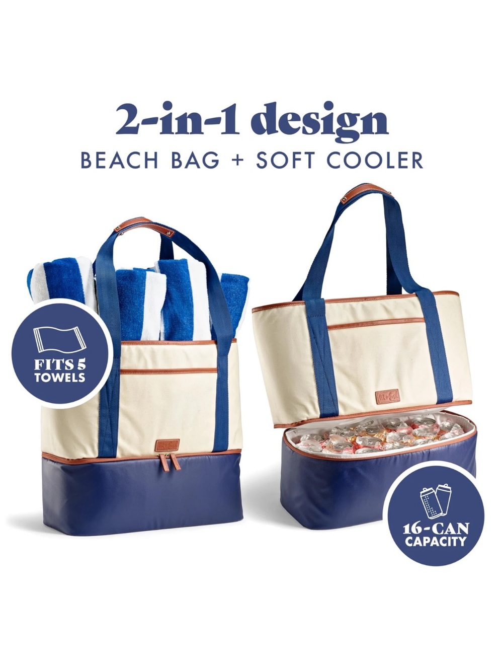 Insulated Canvas Beach Bag + Cooler in Cream & Navy 2-in-1 Design